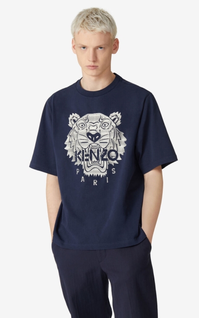Kenzo Men Oversized Embroidered Tiger Shirt Navy Blue